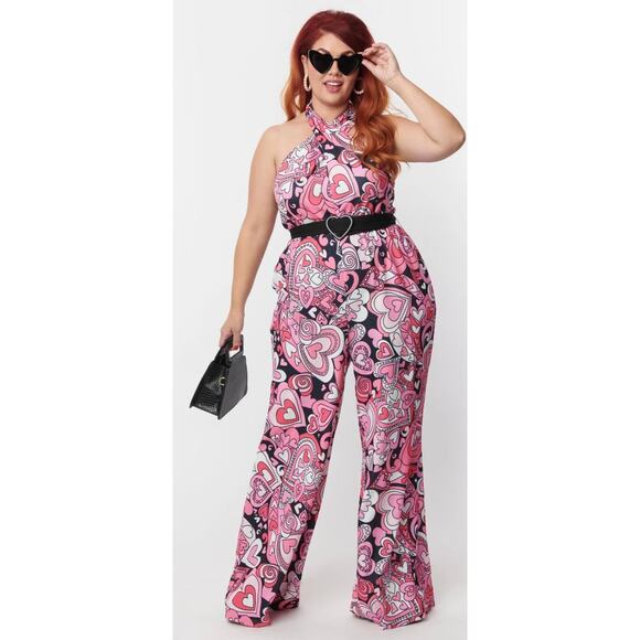 Unique Vintage Pants - Smak Parlour Unique Vintage 1970’s Black Pink Psychedelic Heart Jumpsuit XL NWOT